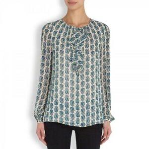 Tory Burch Scarab Beetle Ruffle Front Blouse, Sz 4